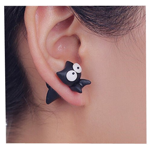 925 Silver Flying Cat Earrings - Black