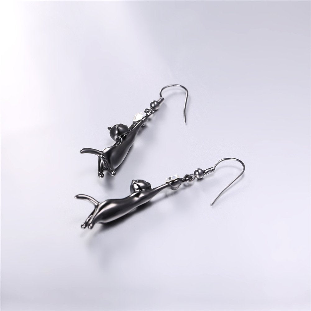 Cat Ear Pendant Earrings with Rhinestones