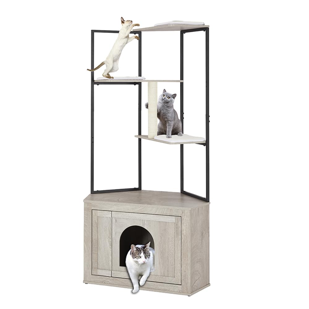Corner Cat Litter Box Enclosure with Tree