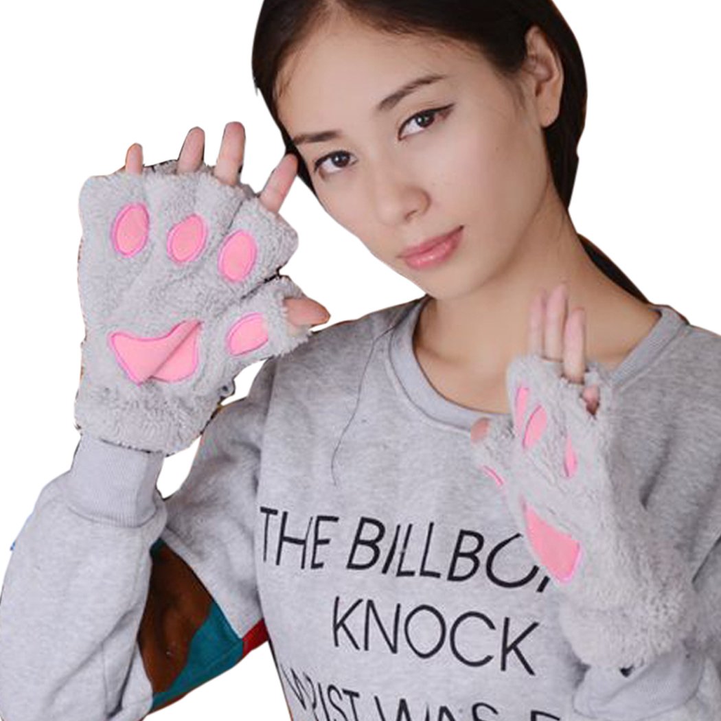 Plush Cat Paw Gloves - Grey