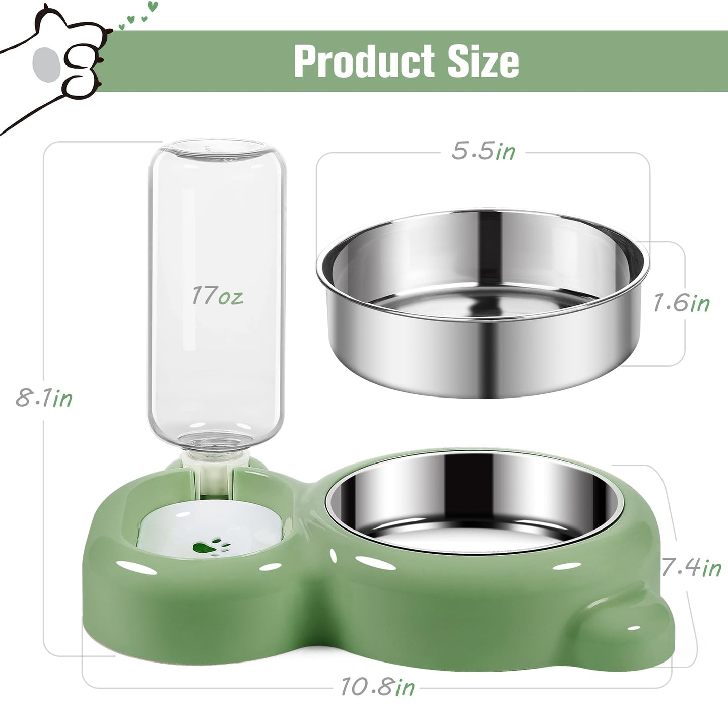 Cat & Dog Bowl Set with Water Dispenser - Green