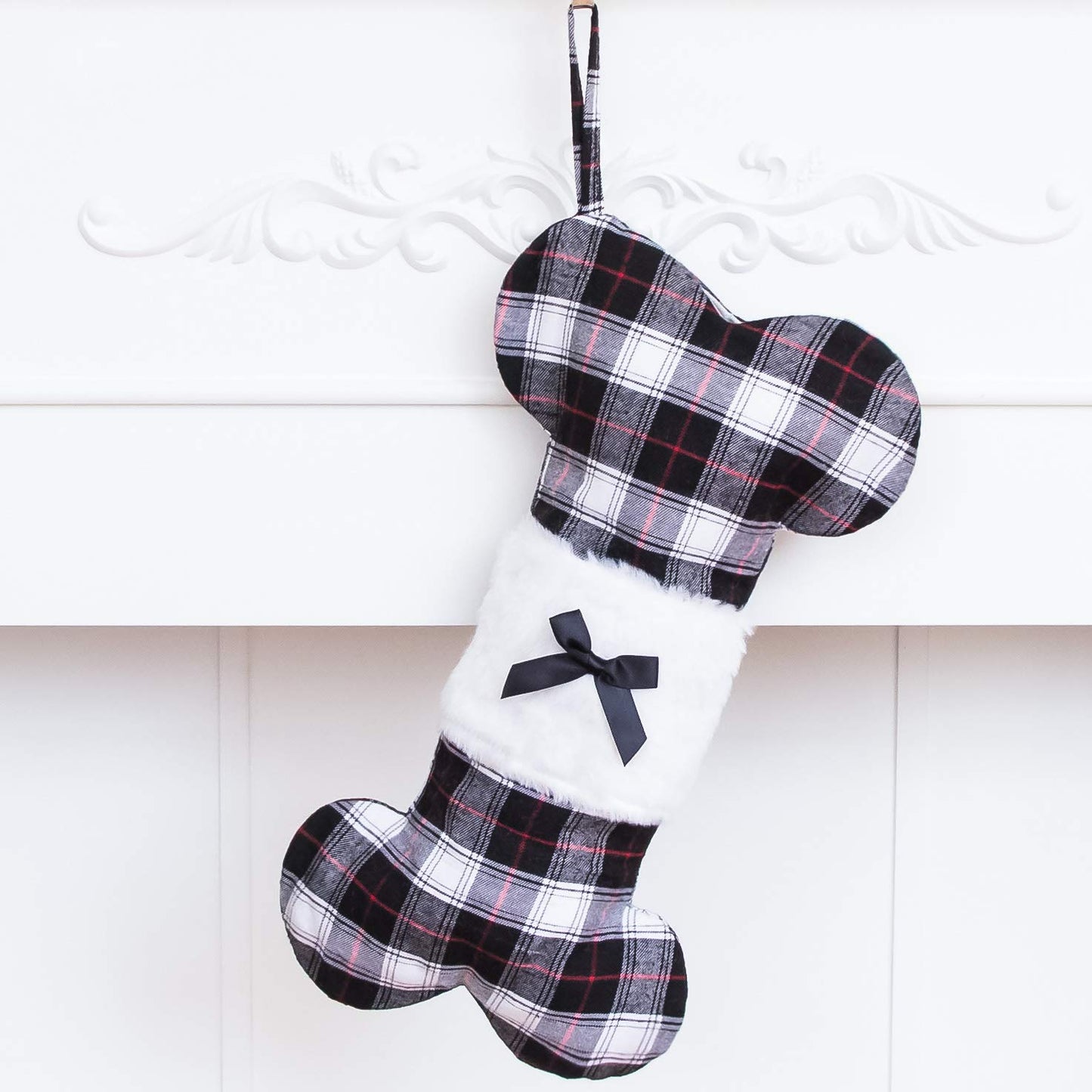Linen Plaid Dog Bone Christmas Stocking