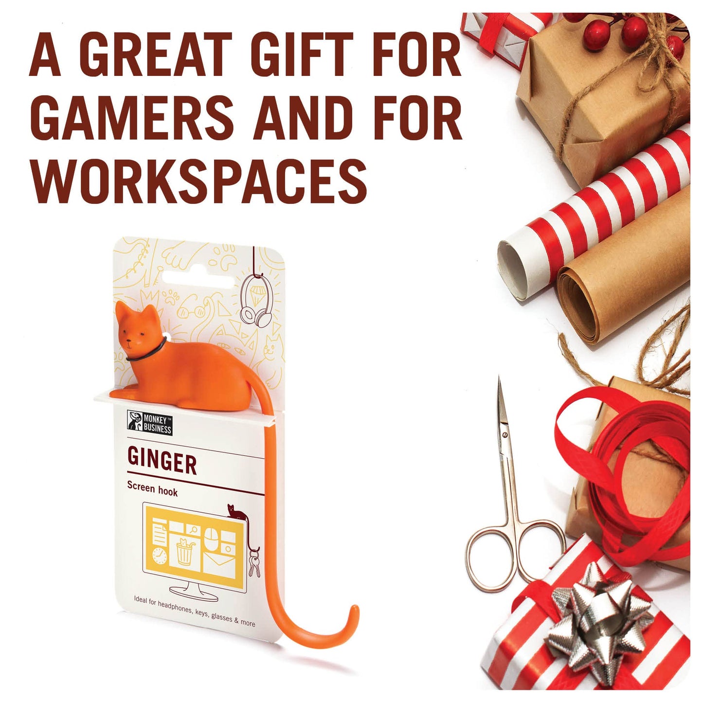 Cat Tail Hook for Desk or Screen - Orange & White