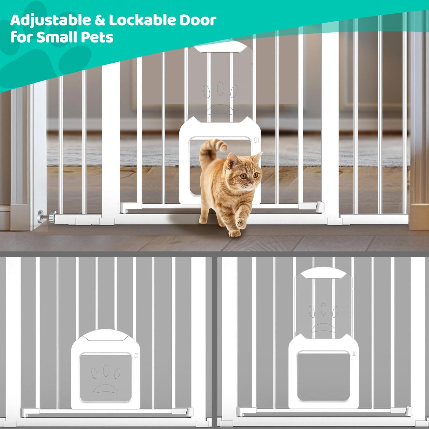 Baby Gate with Cat Door - Auto Close, White