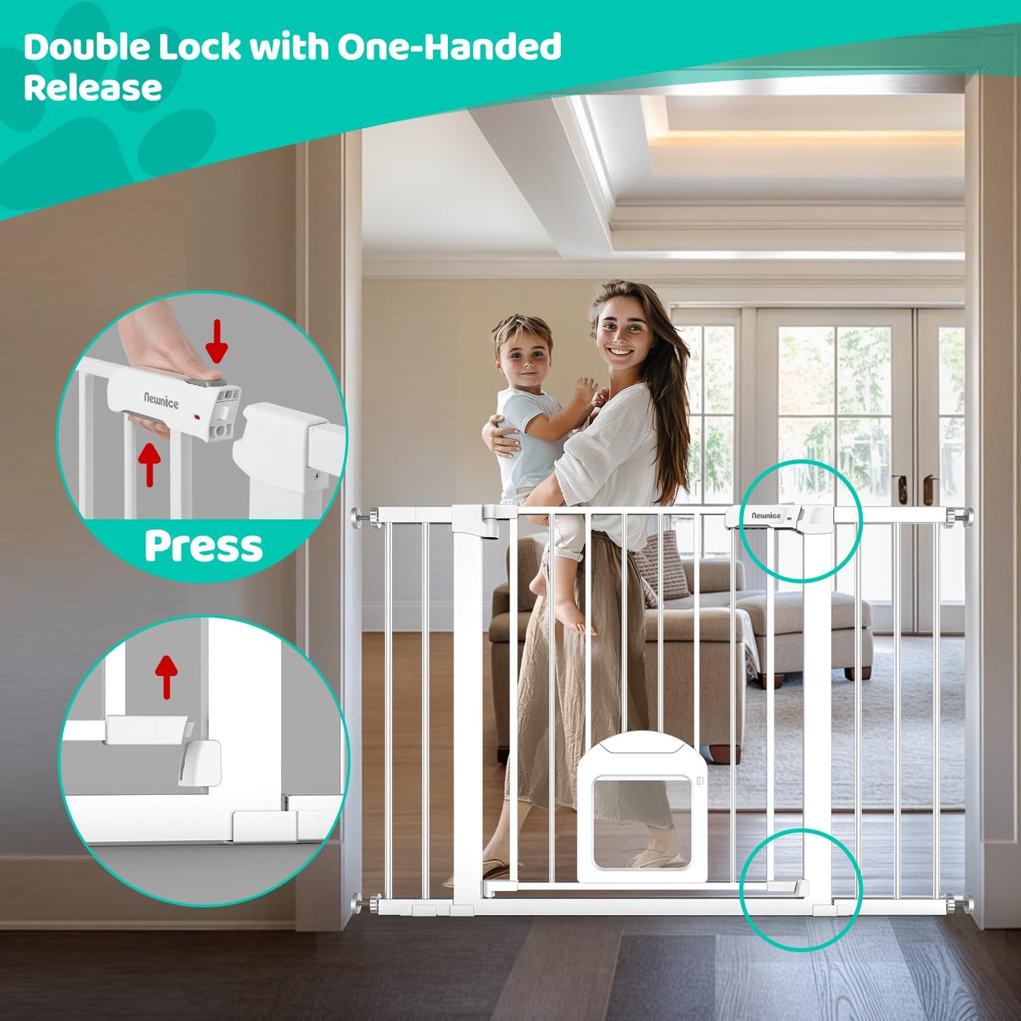 Baby Gate with Cat Door - Auto Close, White