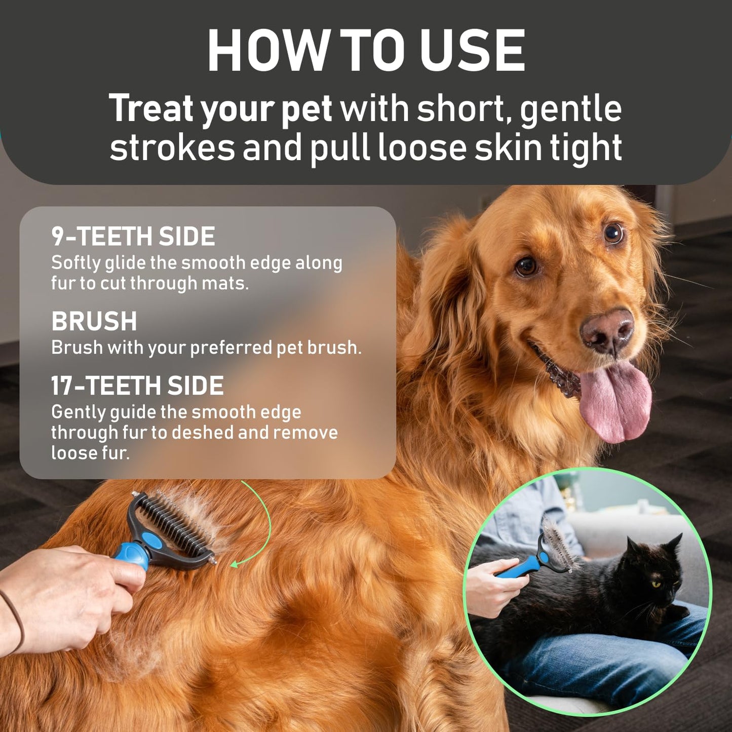 Double Sided Shedding, Dematting Undercoat Rake for Dogs, Cats - Extra Wide
