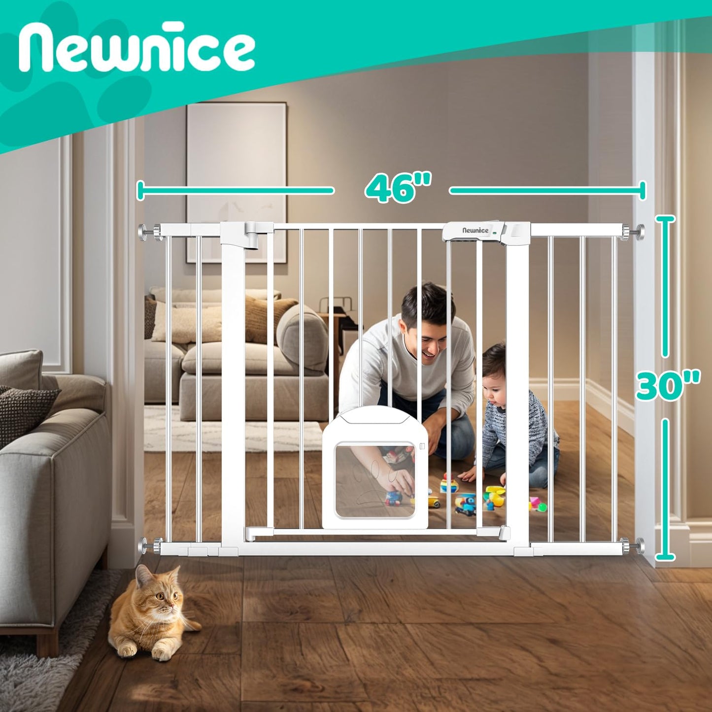 Baby Gate with Cat Door - Auto Close, White