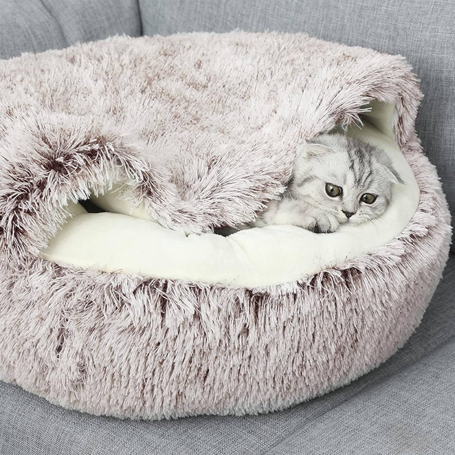 Plush Hooded Cat Bed - 20" Coffee
