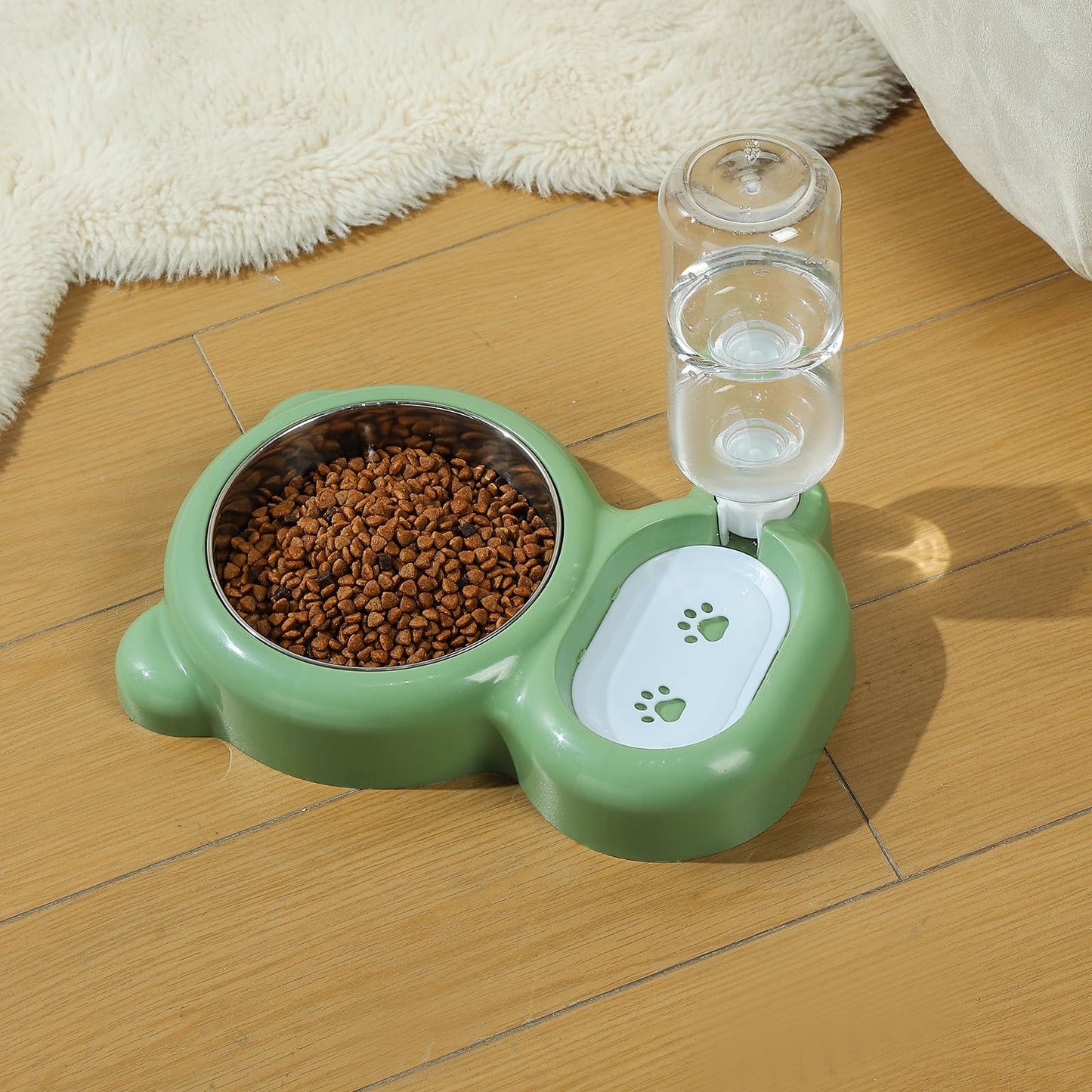 Cat & Dog Bowl Set with Water Dispenser - Green