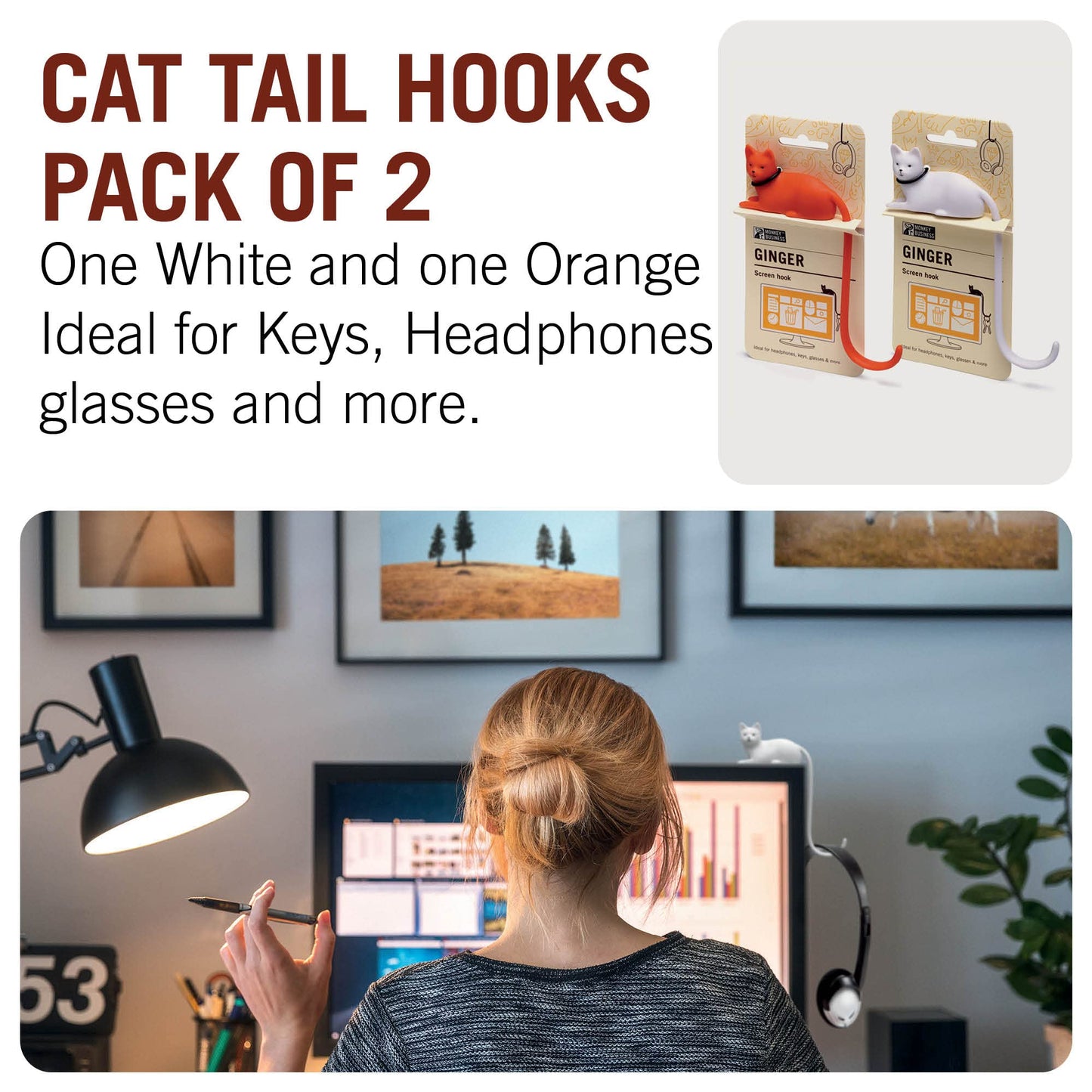 Cat Tail Hook for Desk or Screen - Orange & White