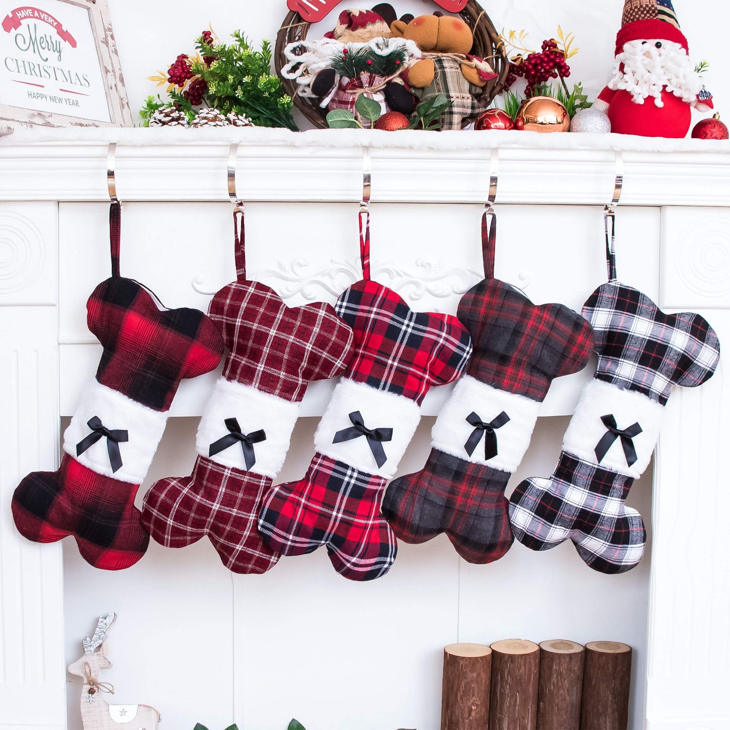 Linen Plaid Dog Bone Christmas Stocking