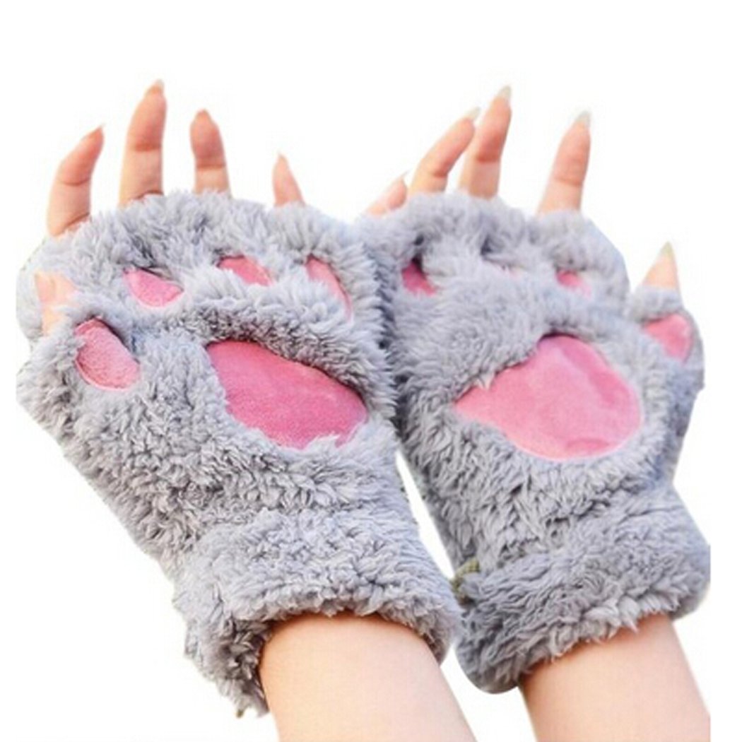 Plush Cat Paw Gloves - Grey