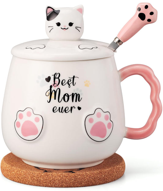 Best Mom Ever Cat Mug with Lid & Spoon