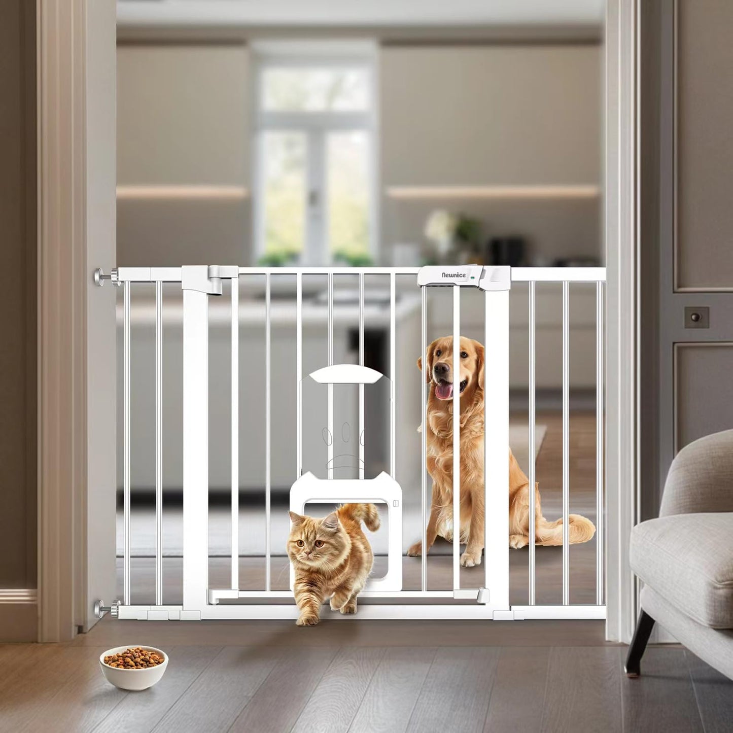 Baby Gate with Cat Door - Auto Close, White