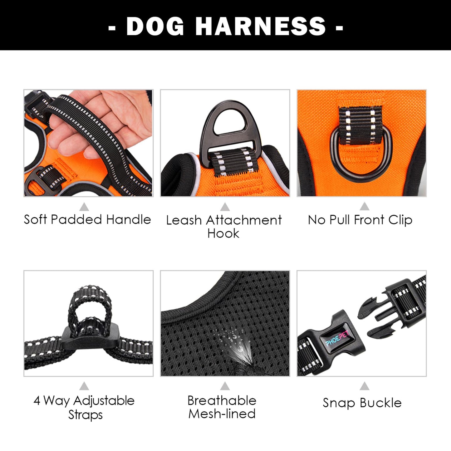 No Pull Dog Harness - Reflective, Medium, Orange