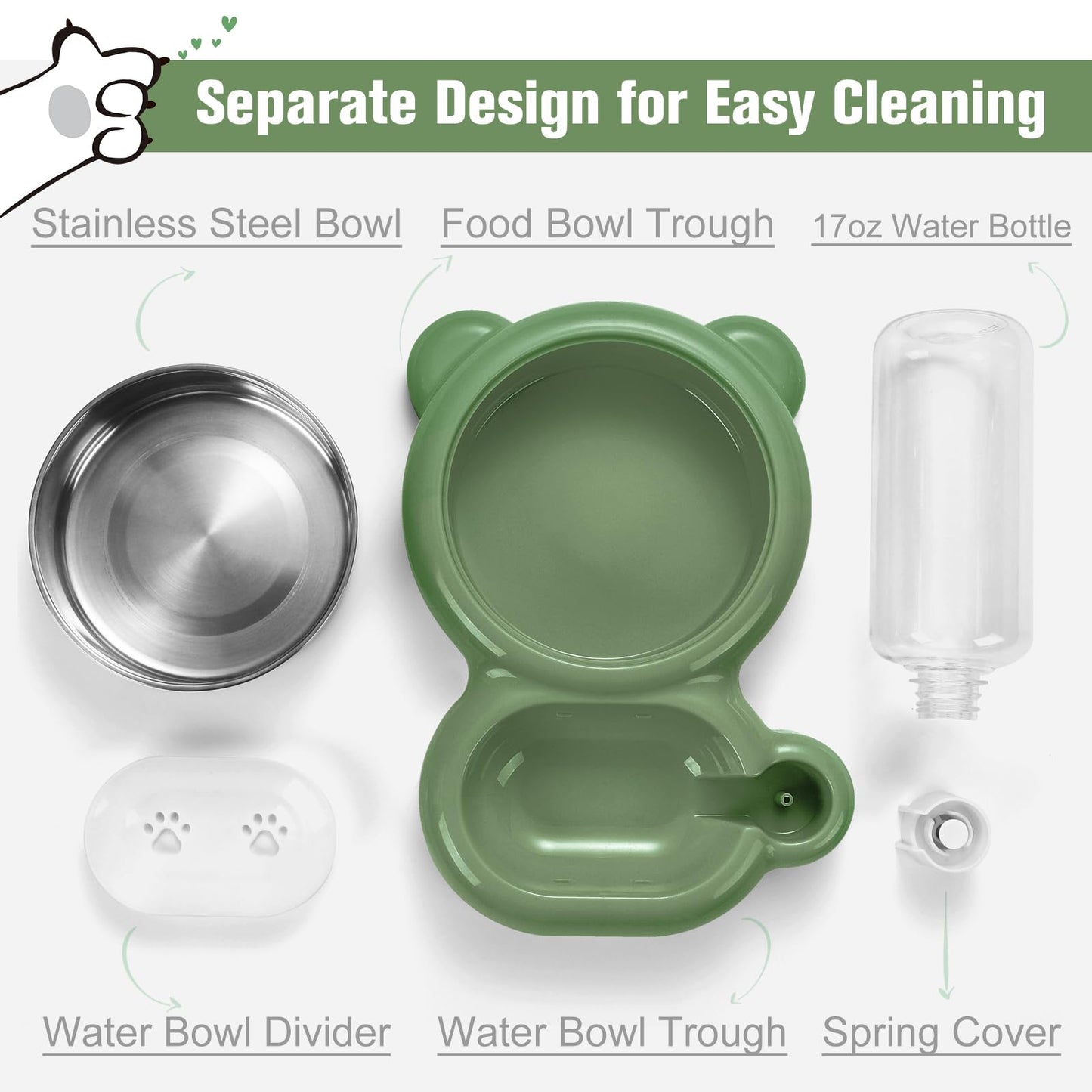 Cat & Dog Bowl Set with Water Dispenser - Green