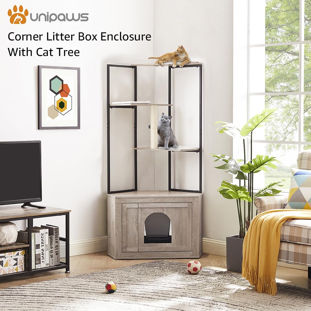 Corner Cat Litter Box Enclosure with Tree