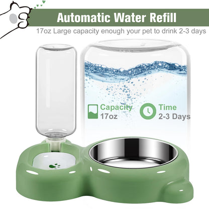 Cat & Dog Bowl Set with Water Dispenser - Green