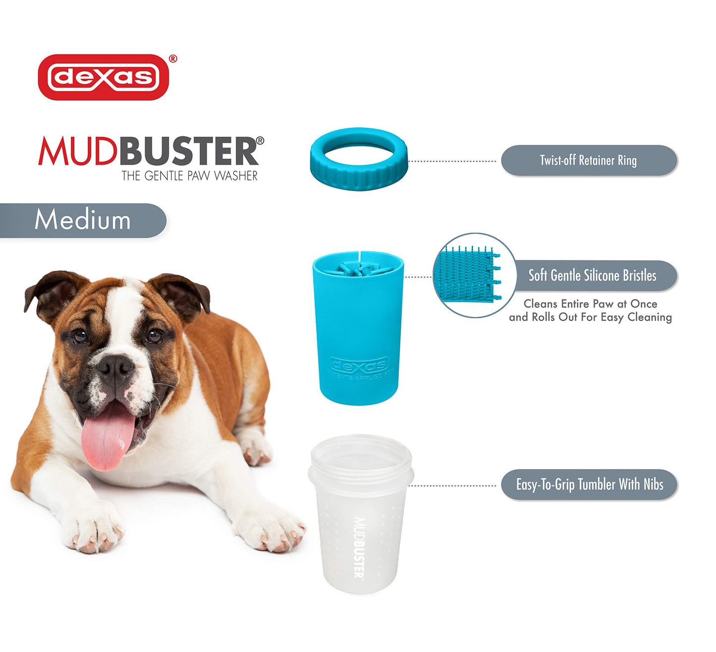 Dexas MudBuster Portable Dog Paw Cleaner, Medium, Blue Paw Cleaner for Dogs, Premium Quality Pet Supplies and Dog Accessories