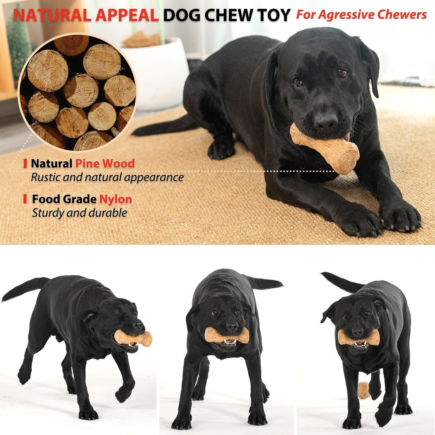 Dog Chew Toys - Tough, Pine Wood & Nylon